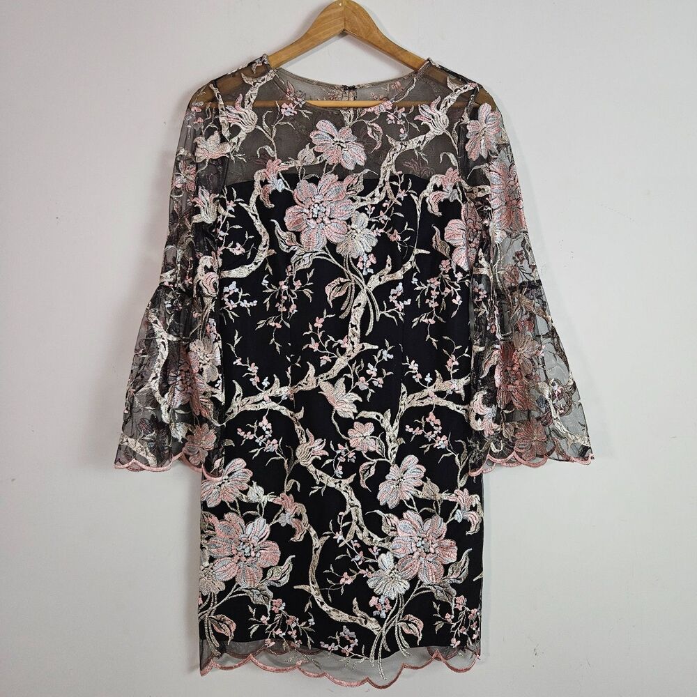 Boston Proper Dress 6 Black Floral Embroidered Mini Boho Cocktail Fairy Garden